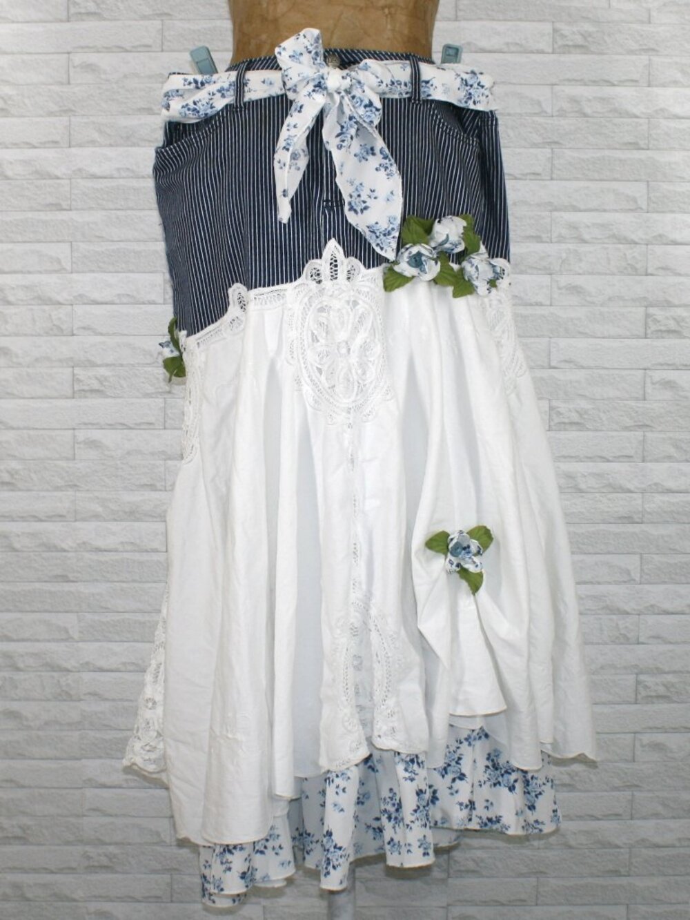 HAND CRAFTED Skirt Denim Jean Upcycled Pinstripe Floral White Fall Plus Size 18